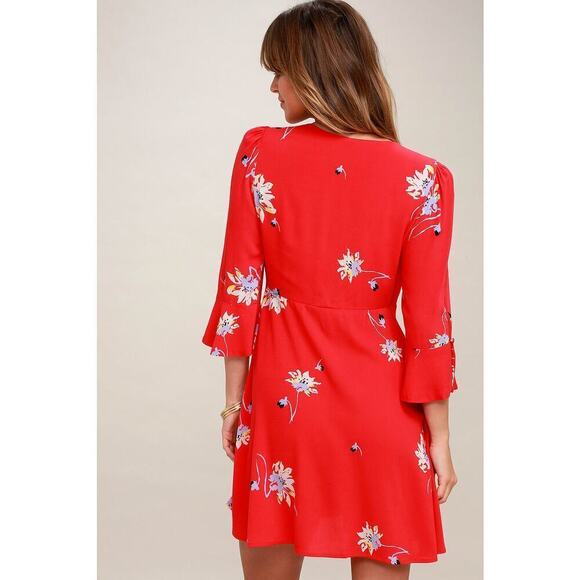 Free People Time On My Side Red Floral Mini Wrap Dress Size M Valentine’s Day - Picture 8 of 16